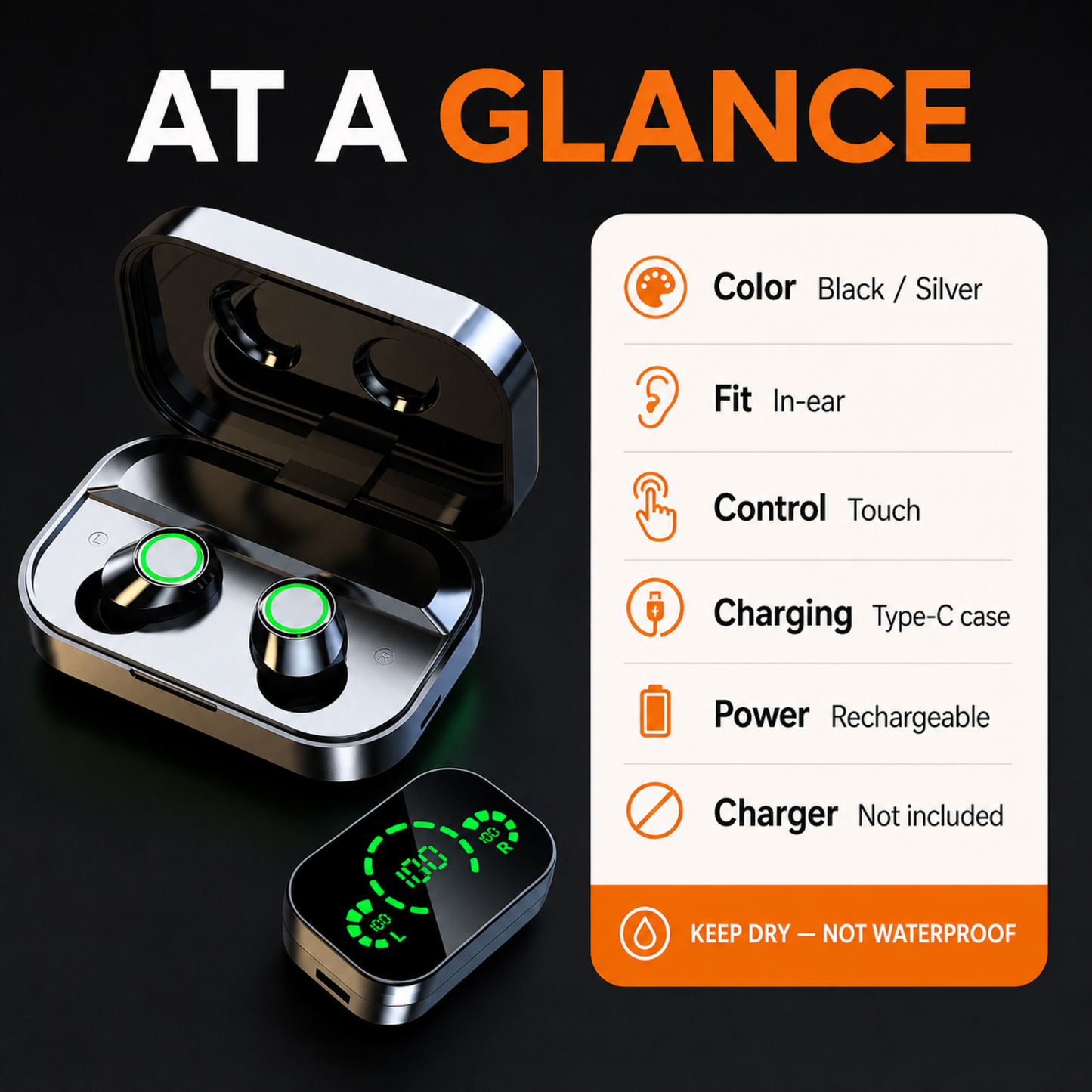 Black and silver Earscle earbuds specifications with LED charging case