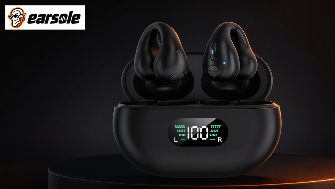 EARSOLE black open-ear clip-on earbuds with LED charging case on a dark studio platform