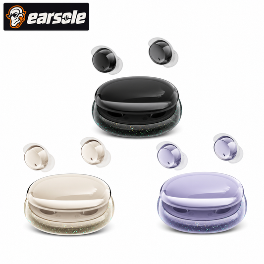 EARSOLE sleeping earbuds in Starry Black, Milk Tea White, and Aurora Purple