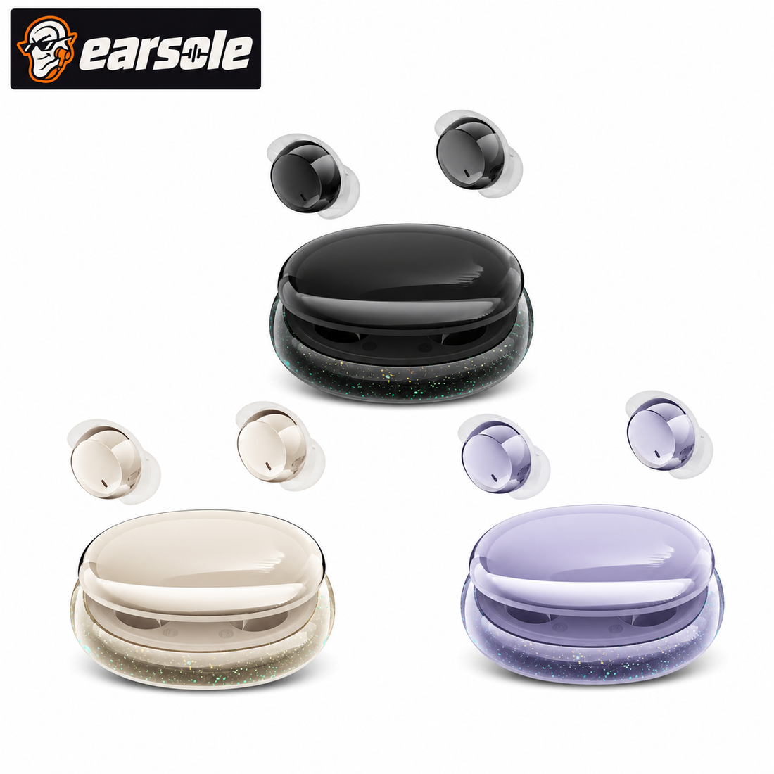 EARSOLE sleeping earbuds in Starry Black, Milk Tea White, and Aurora Purple