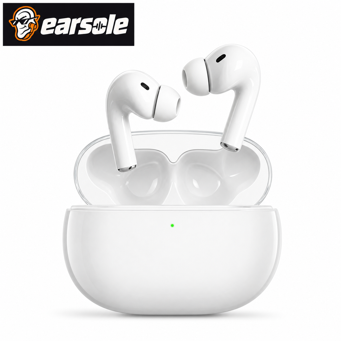 EARSOLE Smart Pro 3 white wireless earbuds and clear-lid charging case