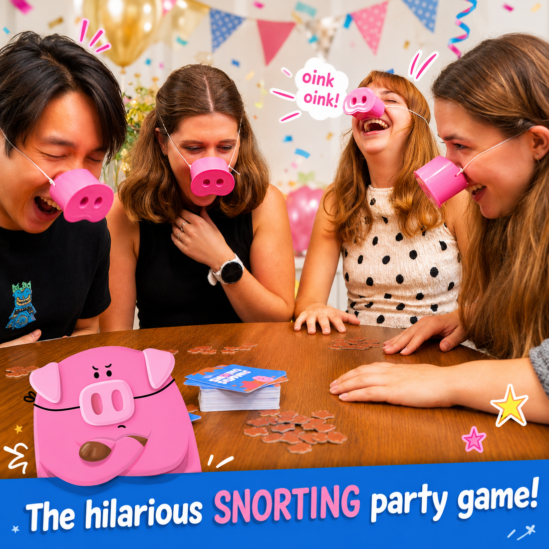 Pig nose party game contents — a birthday party game for kids ages 8+
