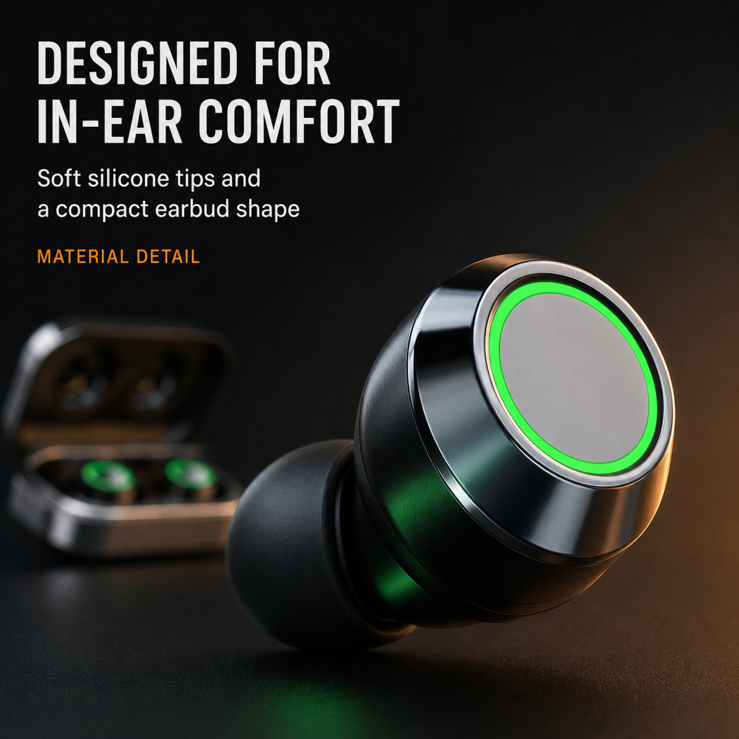 Close-up of black and silver in-ear earbuds with soft silicone ear tips