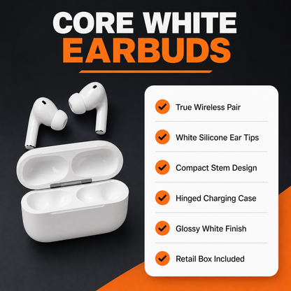Core White wireless earbud visible specifications