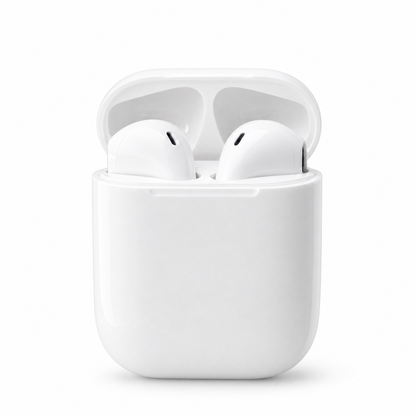 EARSOLE factory direct white semi-in-ear wireless earbuds with charging case on a white background