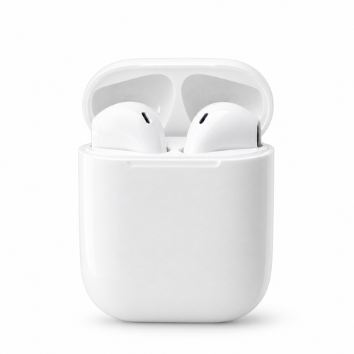 EARSOLE factory direct white semi-in-ear wireless earbuds with charging case on a white background