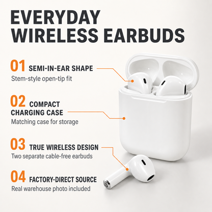 White wireless earbuds with semi-in-ear shape, compact charging case, and factory-direct source