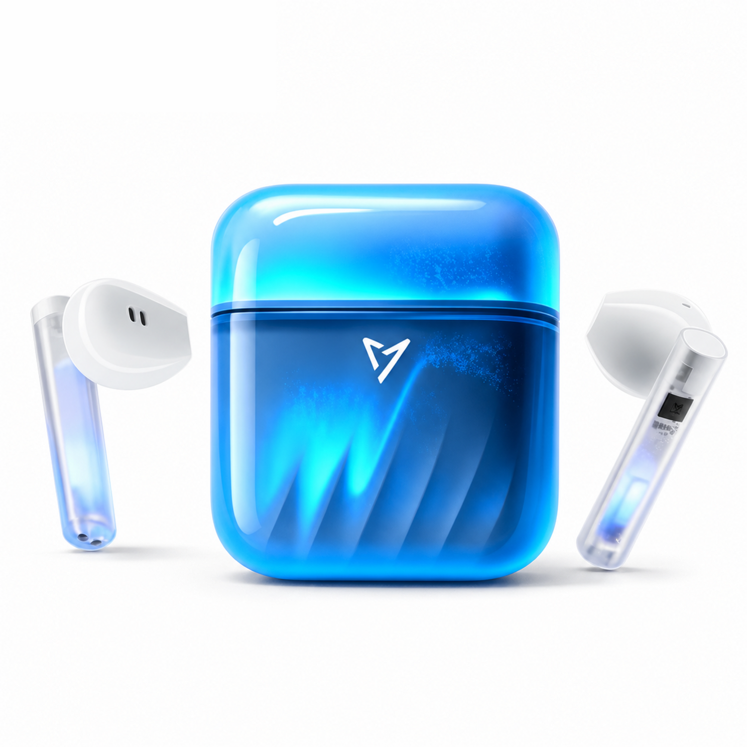 EARSOLE wireless earbuds with luminous blue charging case