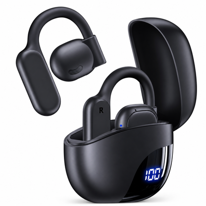 Black EARSOLE K08 open-ear AI translation earbuds with LED charging case on a white background