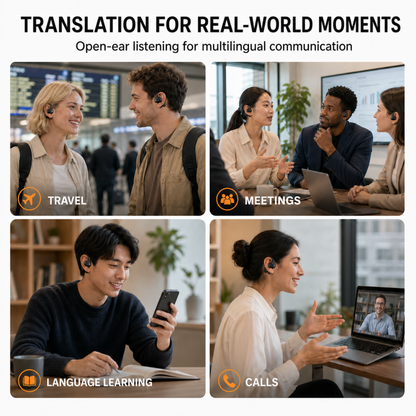 EARSOLE K08 translation earbuds used for travel, meetings, language learning and calls