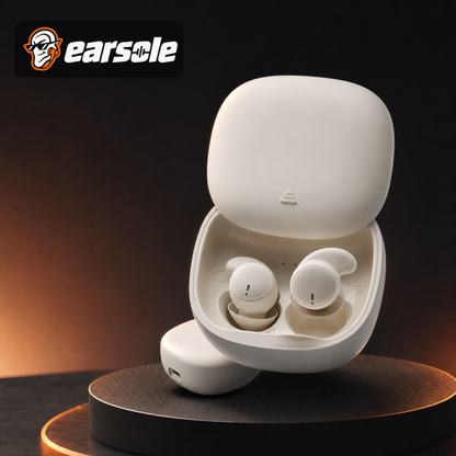 EARSOLE MY-20 soft silicone sleeping earbuds for side sleepers in a compact charging case