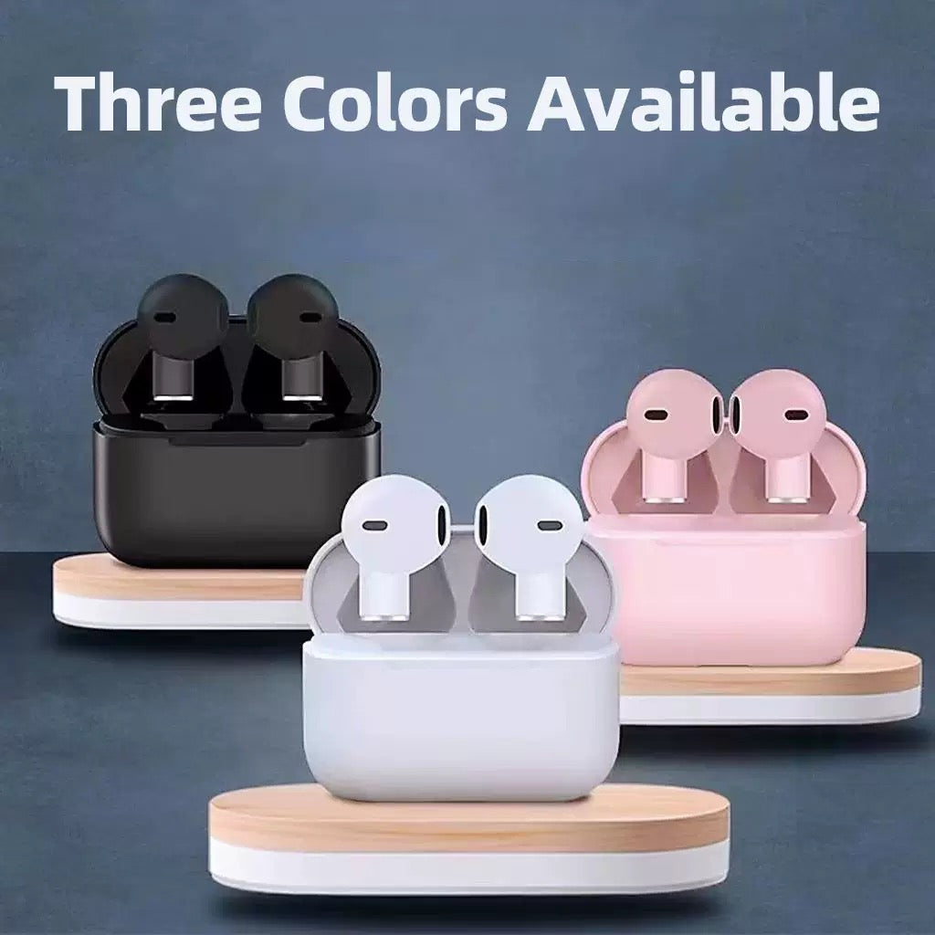 EARSOLE open-fit wireless earbuds in Black, White and Pink with matching charging cases