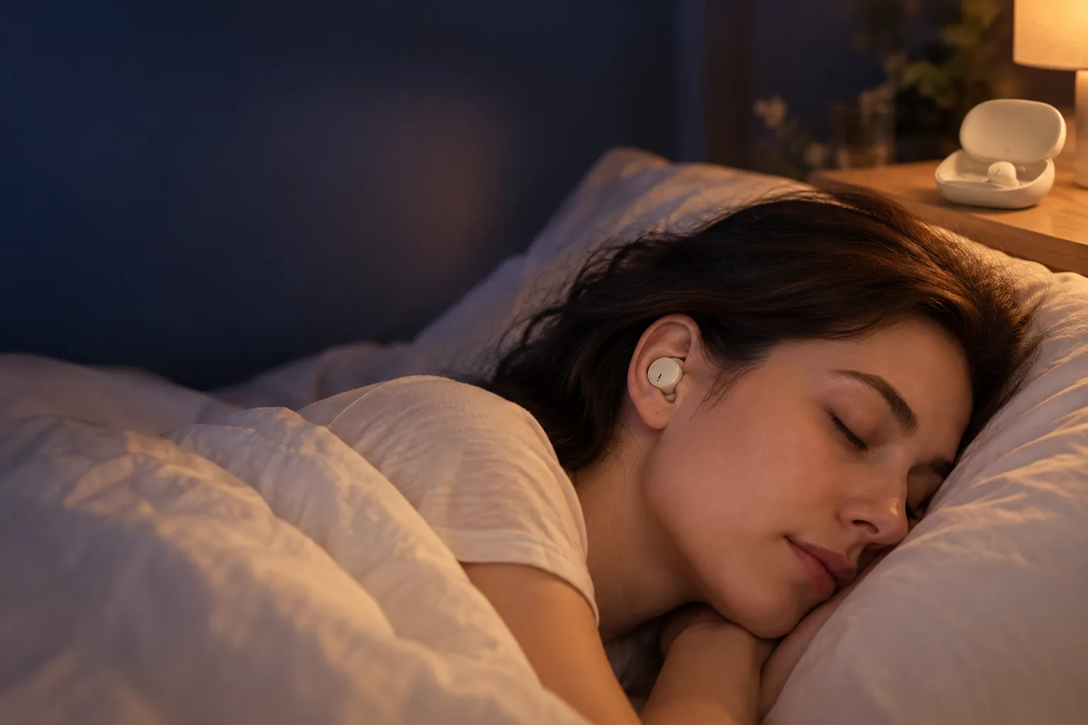 A woman asleep on her side wearing an EARSOLE low-profile sleep earbud