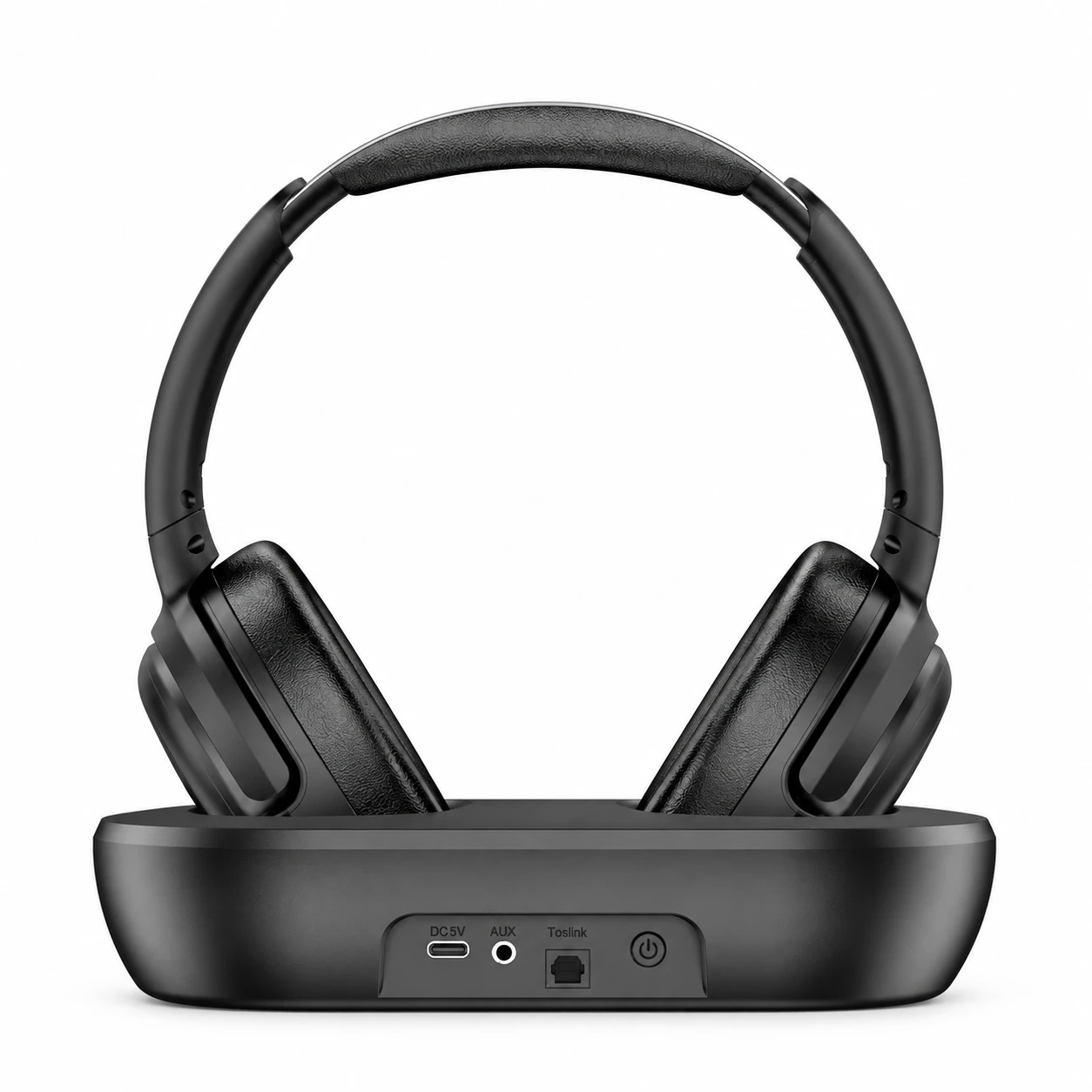 DC 5V, AUX 및 Toslink 광출력 포트가 표시된 도크 위에 거치된 오버이어 헤드폰을 보여주는 OY533TV 무선 헤드폰 및 송신기 세트