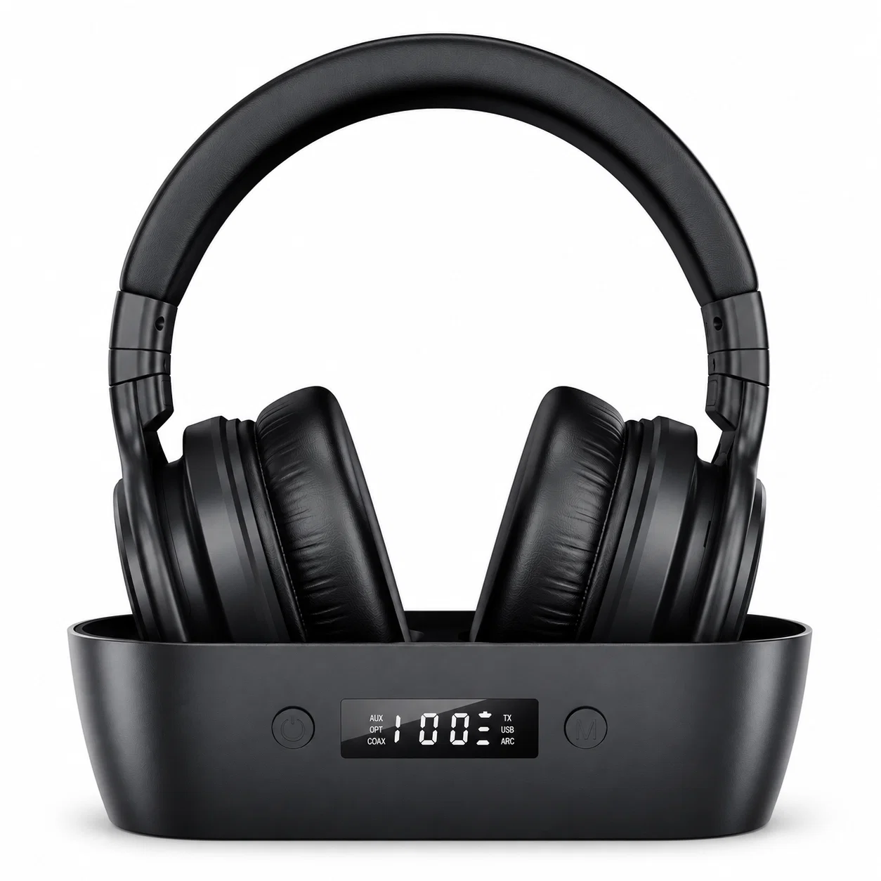 Wireless TV Headphones with Display Base - Black: полноразмерные наушники в двухслотовой базе с передним дисплеем и индикаторами AUX, OPT, COAX, TX, USB и ARC