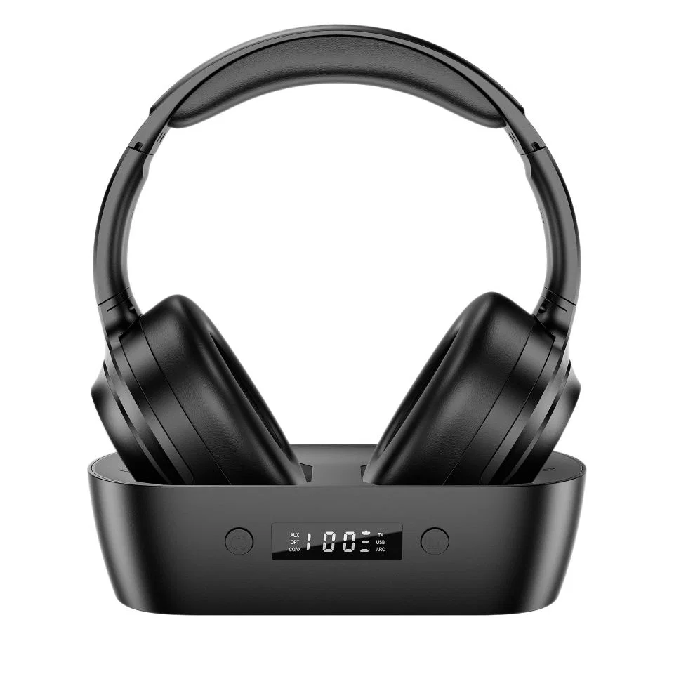 Wireless TV Headphones with Display Dock - Black showing padded over-ear headphones and base dock with AUX, OPT, COAX, TX, USB, and ARC labels