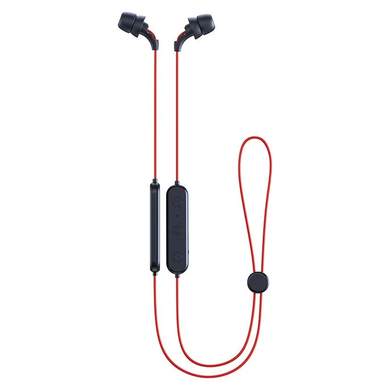 Черни Bluetooth слушалки с лента за врата, червен кабел