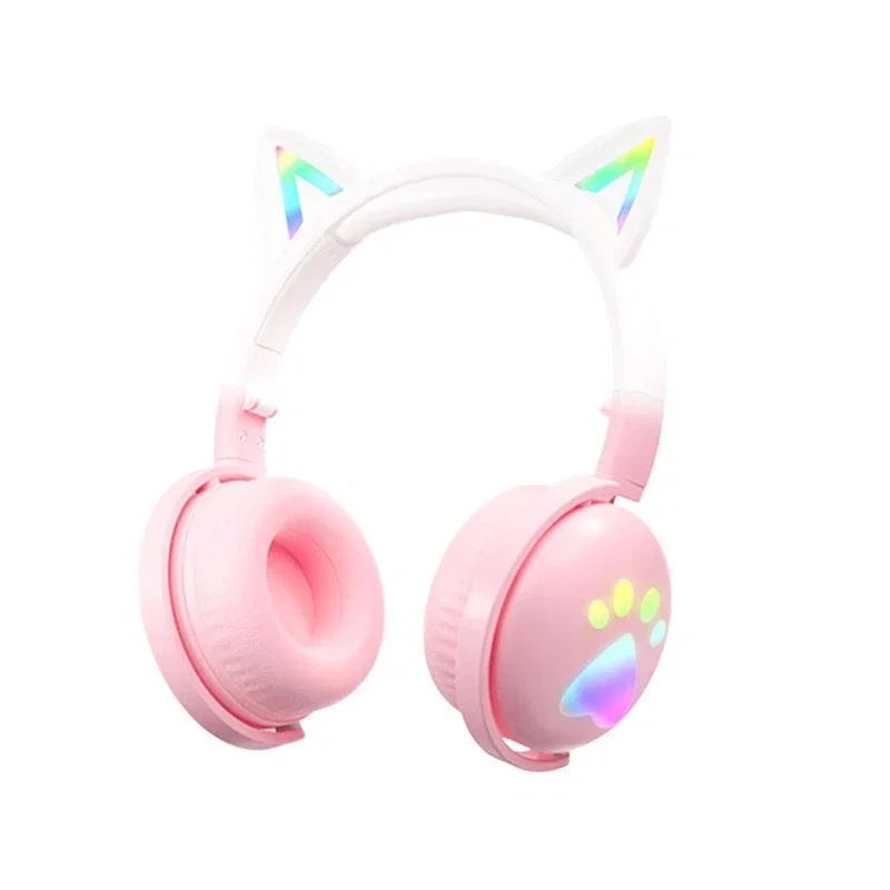 Pink and White Cat Ear Headphones with Rainbow Paw