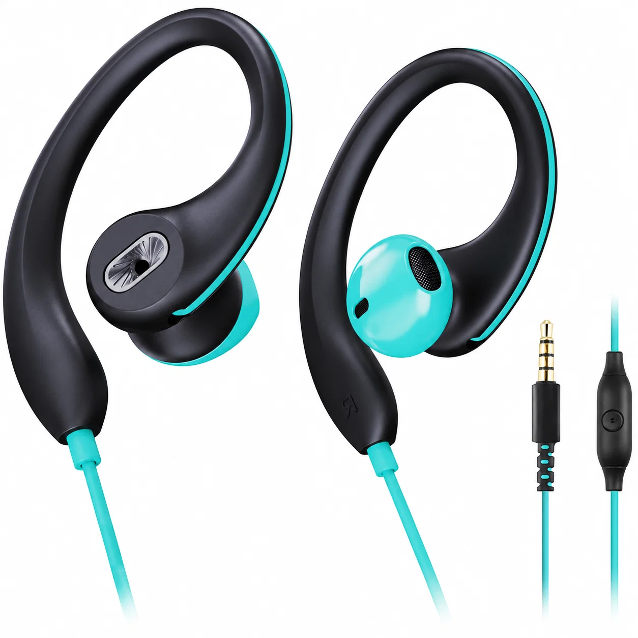 Black and Turquoise 3.5mm Earbuds, Ear Hooks