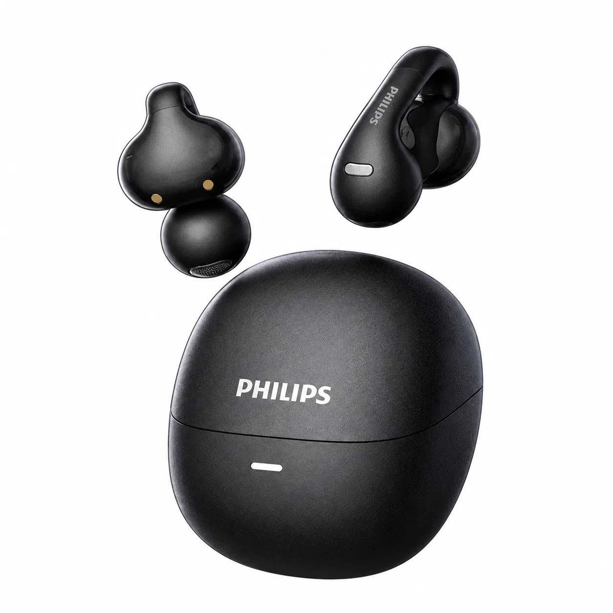 Black Teardrop Clip-On Earbuds with Upright Oval Case