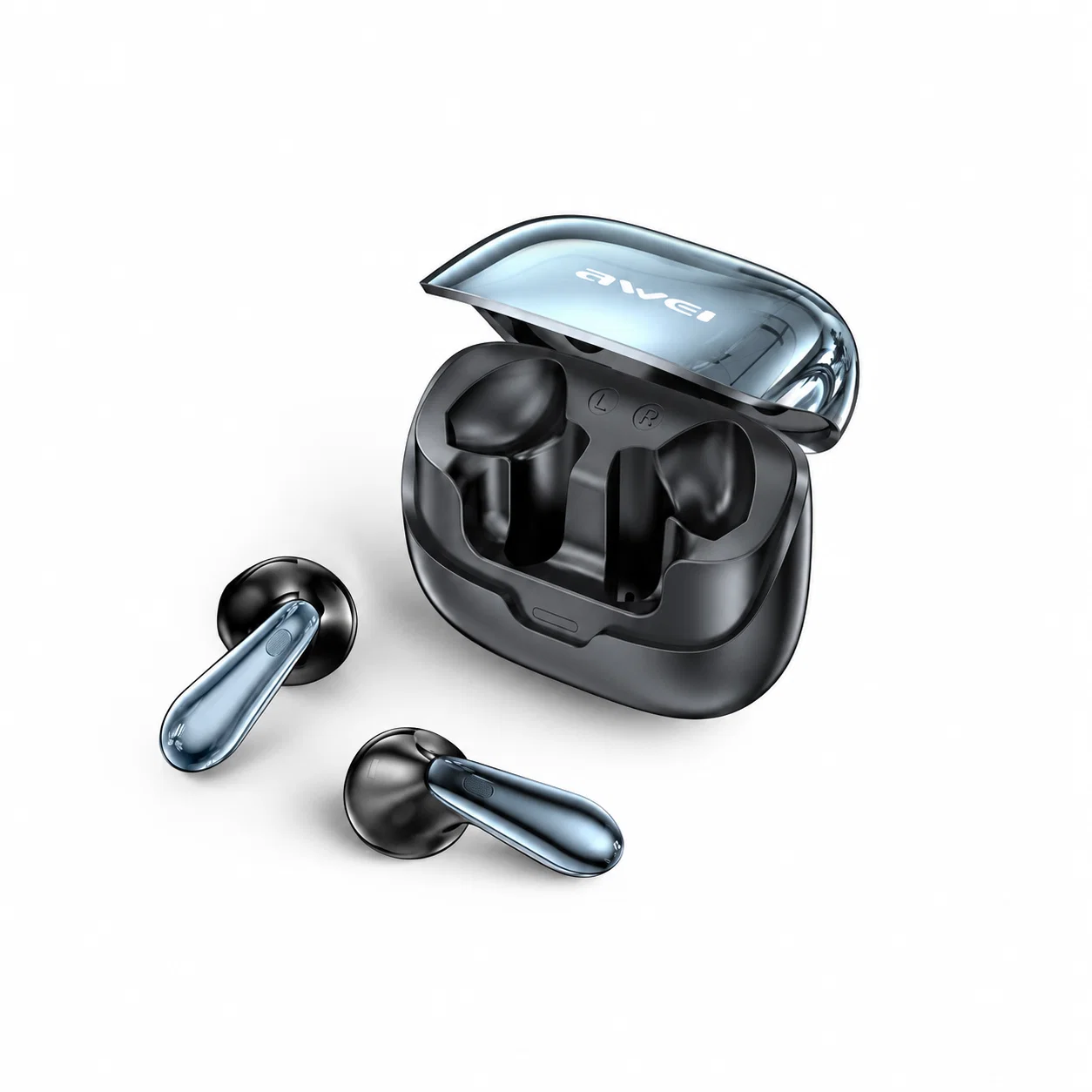 Schwarze True-Wireless-Ohrhörer, hellblaue Stiele