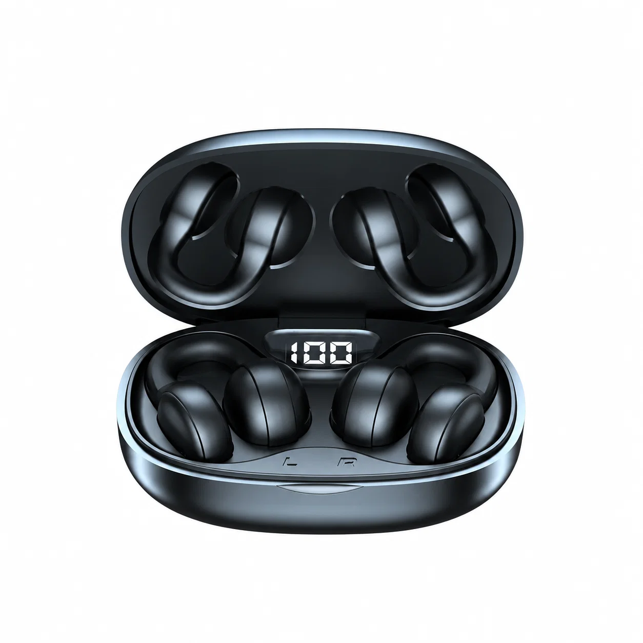 Wireless Clip-On Earbuds with Raised Display Case - Black