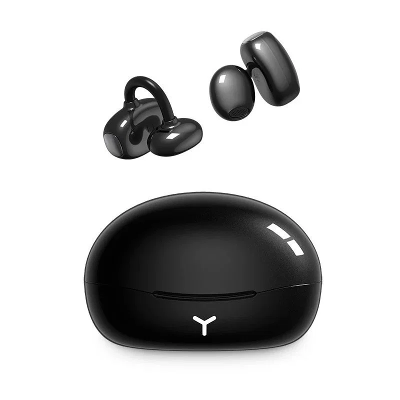 Glossy Black Clip-On Earbuds with Y-Marked Oval Case