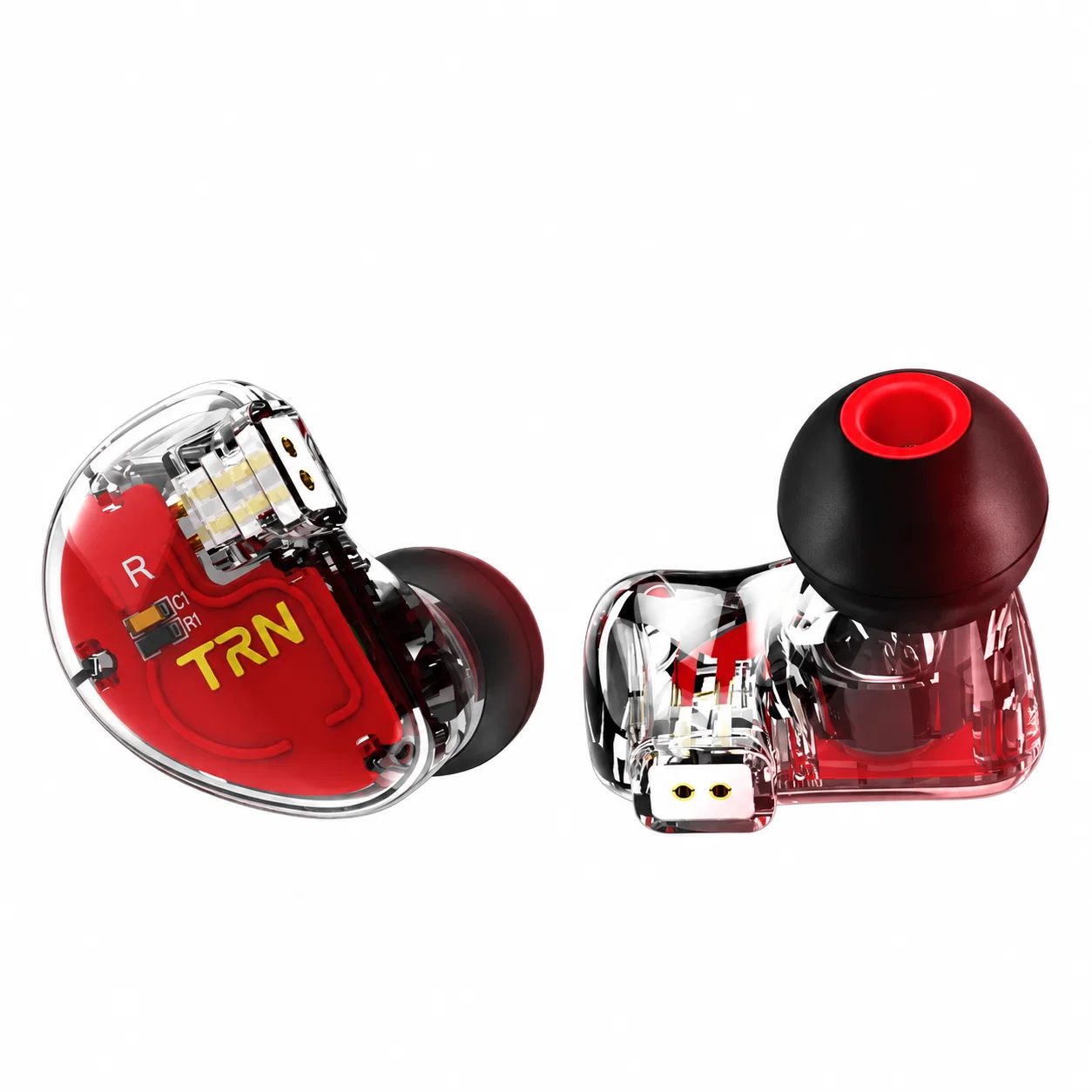 Red and clear wired earbuds, V30