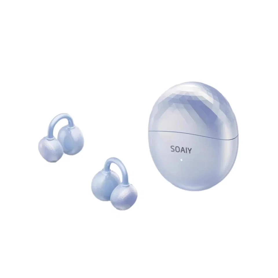 Pale Periwinkle-Blue Clip-On Earbuds with Faceted Case