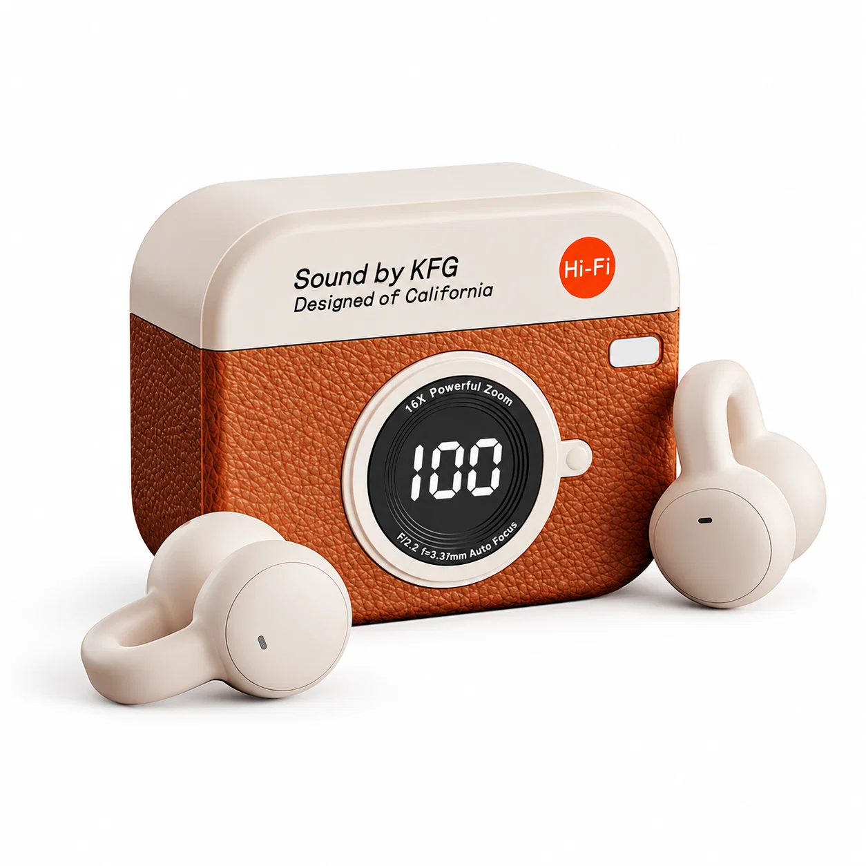 Q87 Wireless Clip-On Earbuds with Camera-Style Case - Brown