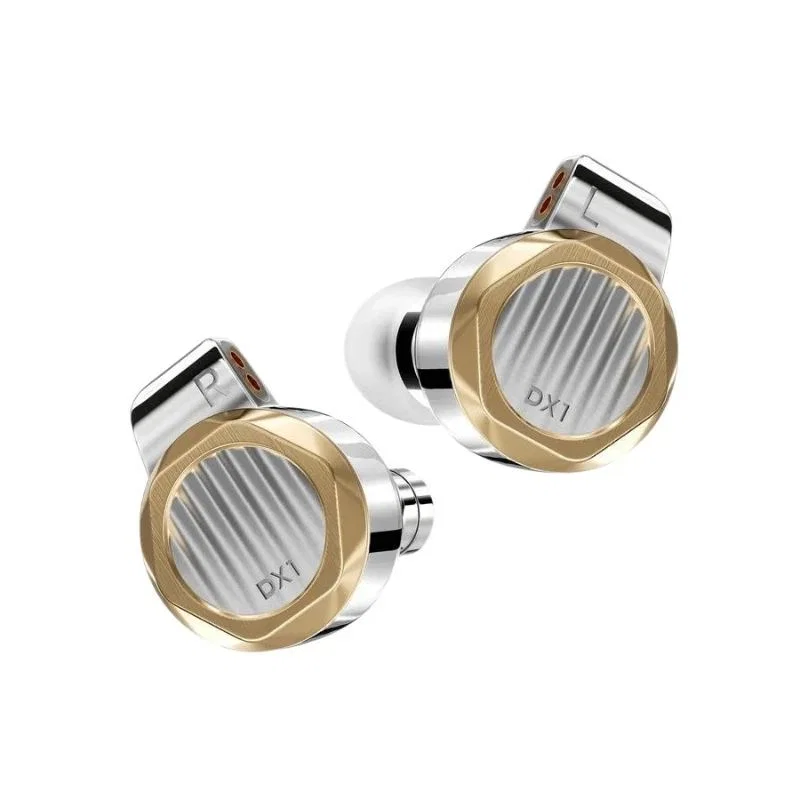Gold and silver wired earbuds, DX1