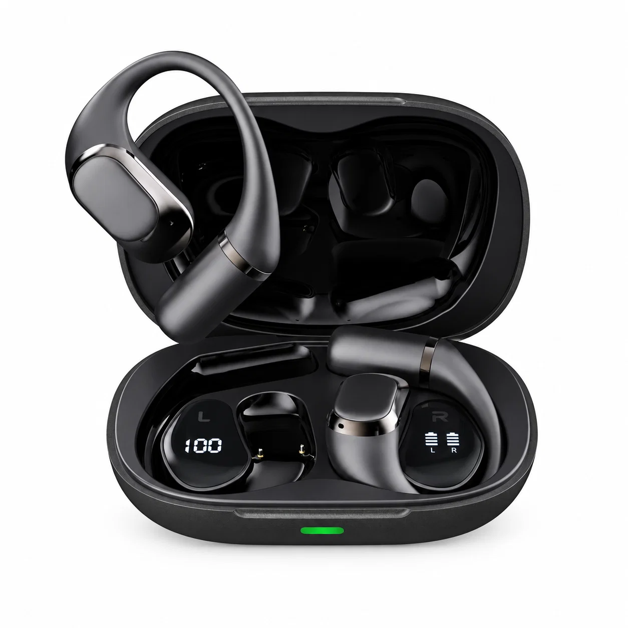 BX-T10-JL Wireless Ear-Hook Earbuds with Display Case - Obsidian Black