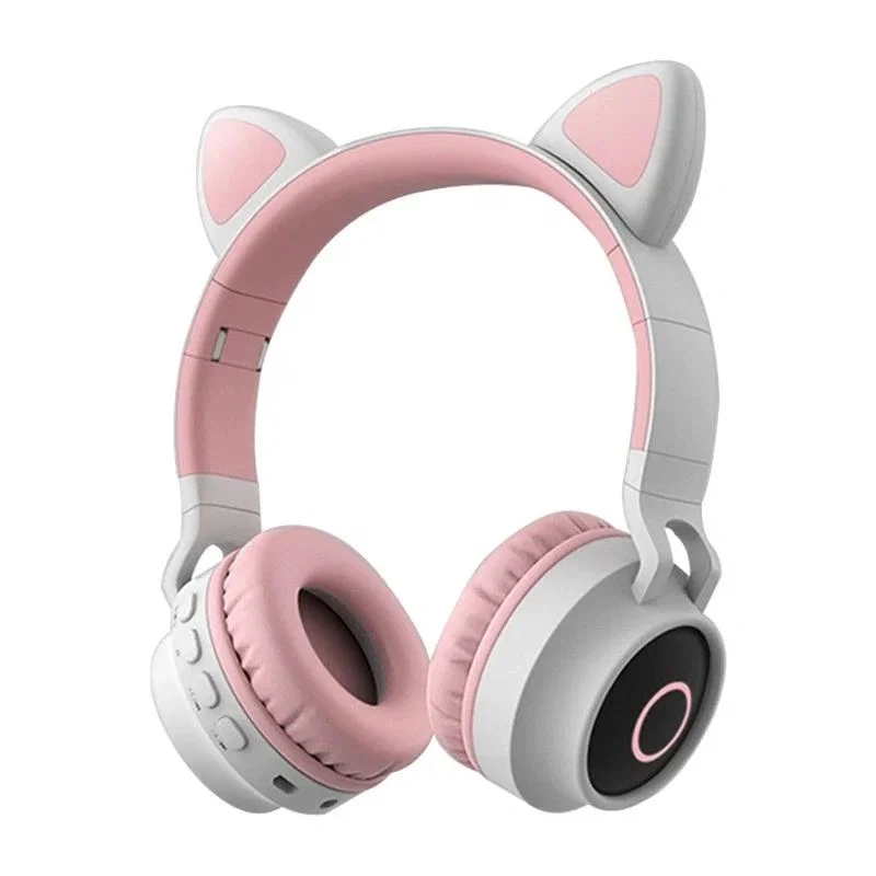 White and Pink Cat Ear Headphones with Black Circle Panel