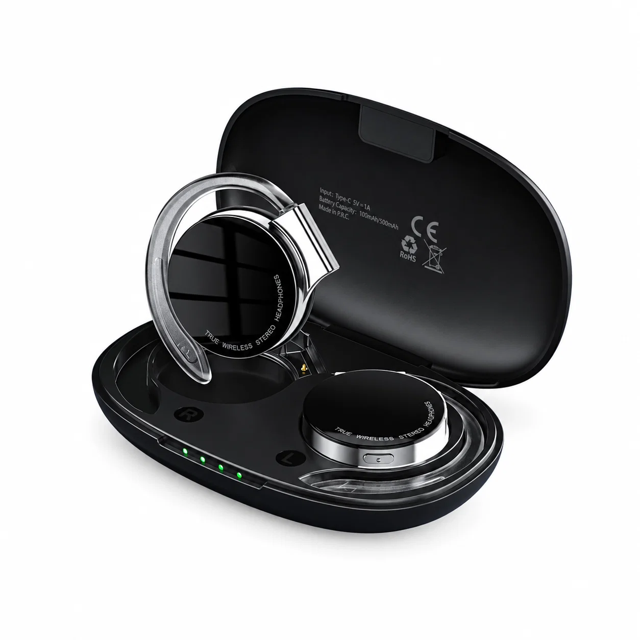 Black and Silver Ear Hook Earbuds, Open Case