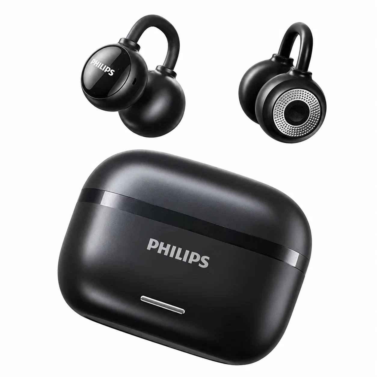 Black Clip-On Earbuds with Perforated Silver-Colored Ring