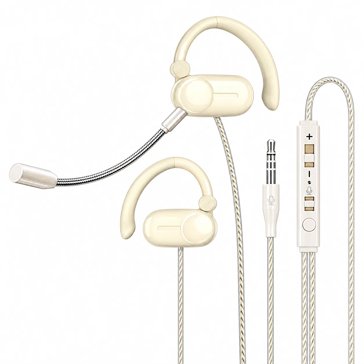 HD-78 Wired Ear-Hook Earphones with Boom Microphone - Cream, 3.5 mm