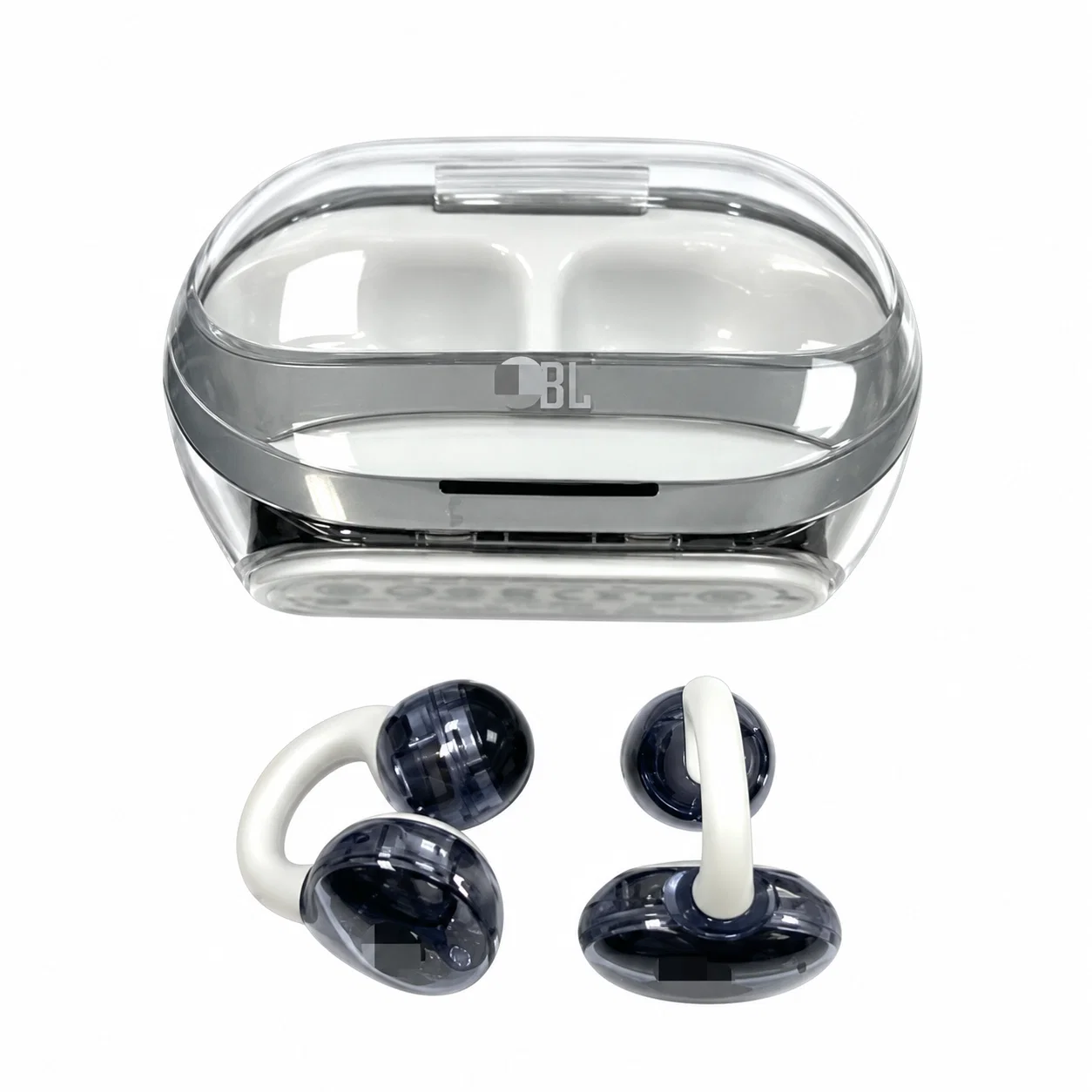 Dark Blue Translucent Clip-On Earbuds with White Bridges