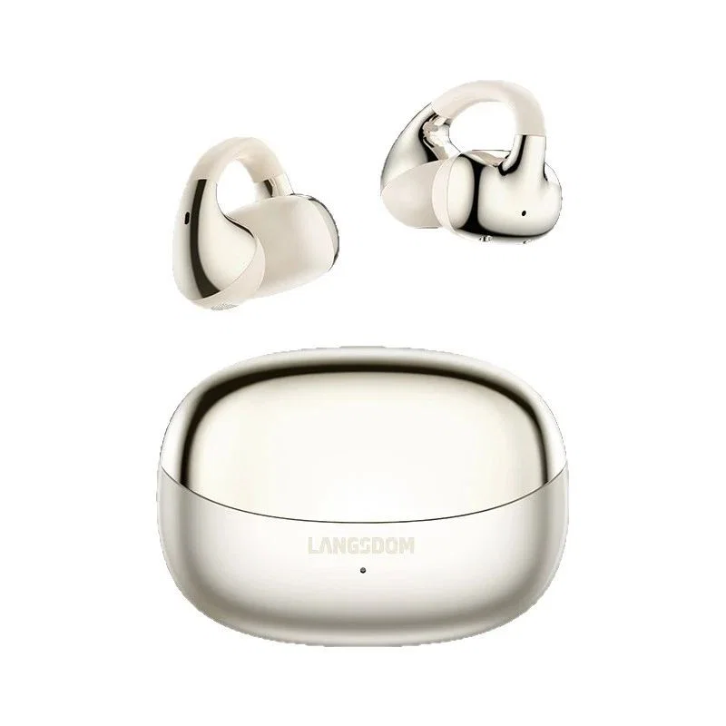 Cream Clip On Earbuds with Banded Oval Case