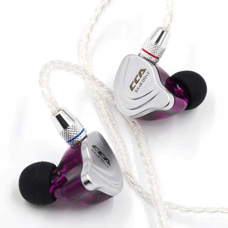 Purple and silver wired earbuds, C10