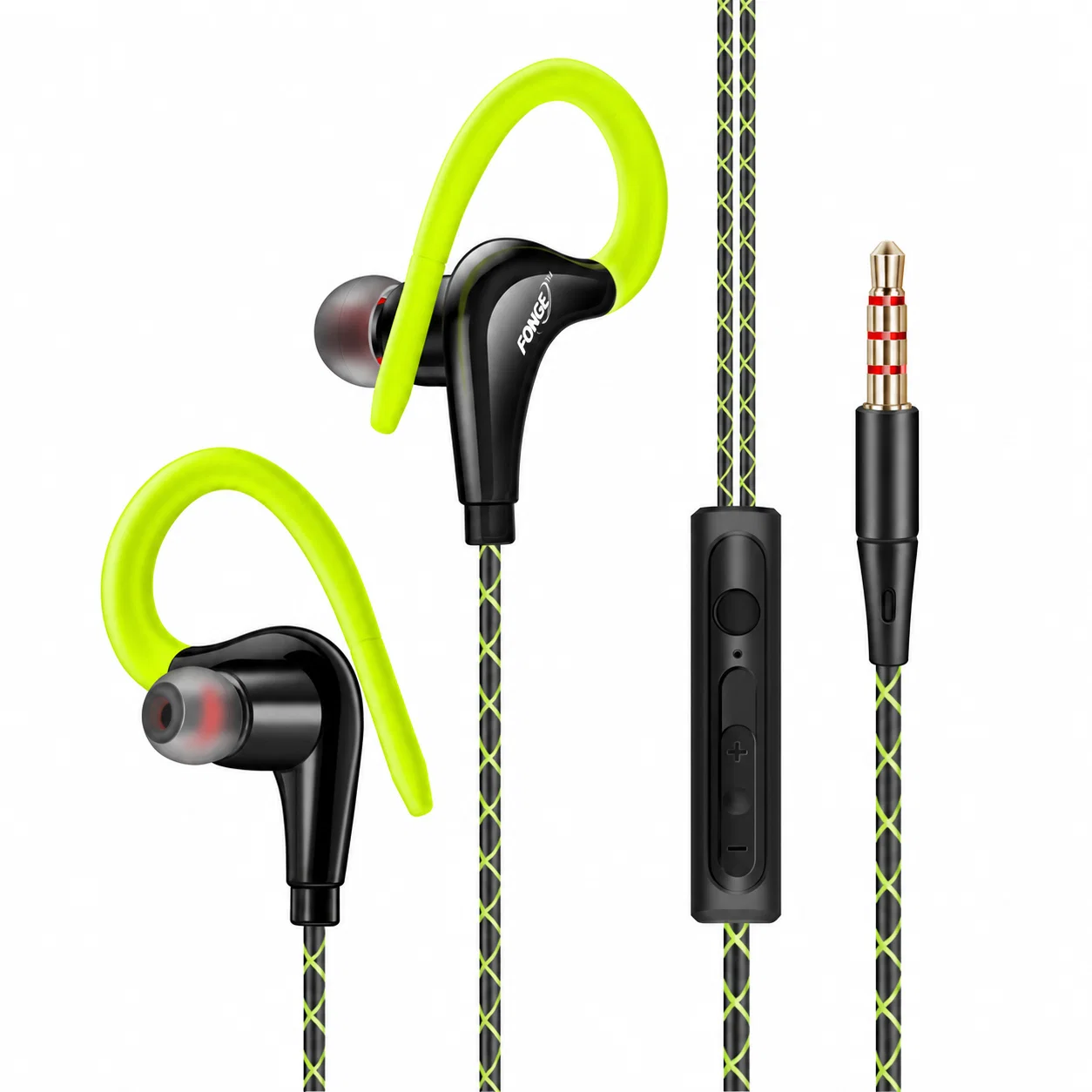 Green Wired Earbuds, Ear Hooks