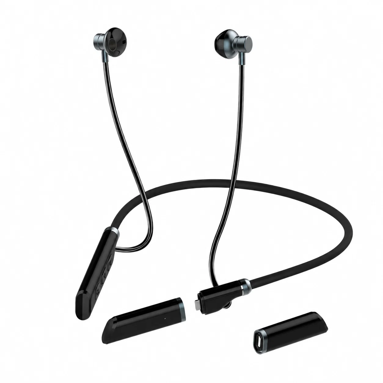 Wireless Neckband Earphones with Two Battery Modules - Black