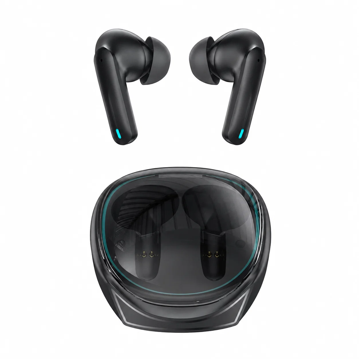 Auricolari completamente wireless neri, steli ciano