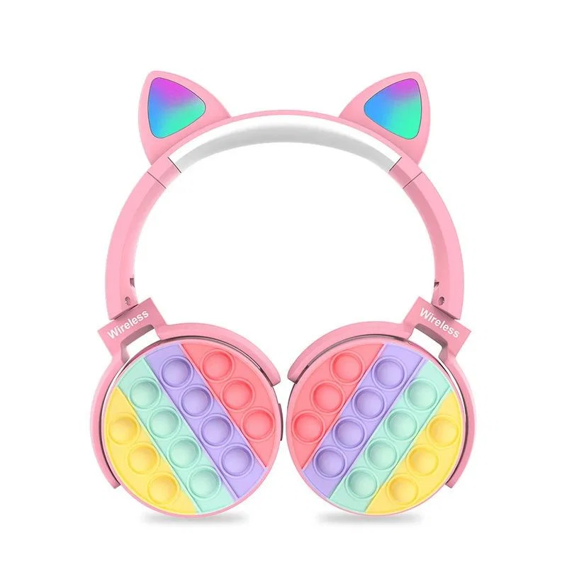 Pink Cat Ear Headphones with Multicolor Bubble Panels