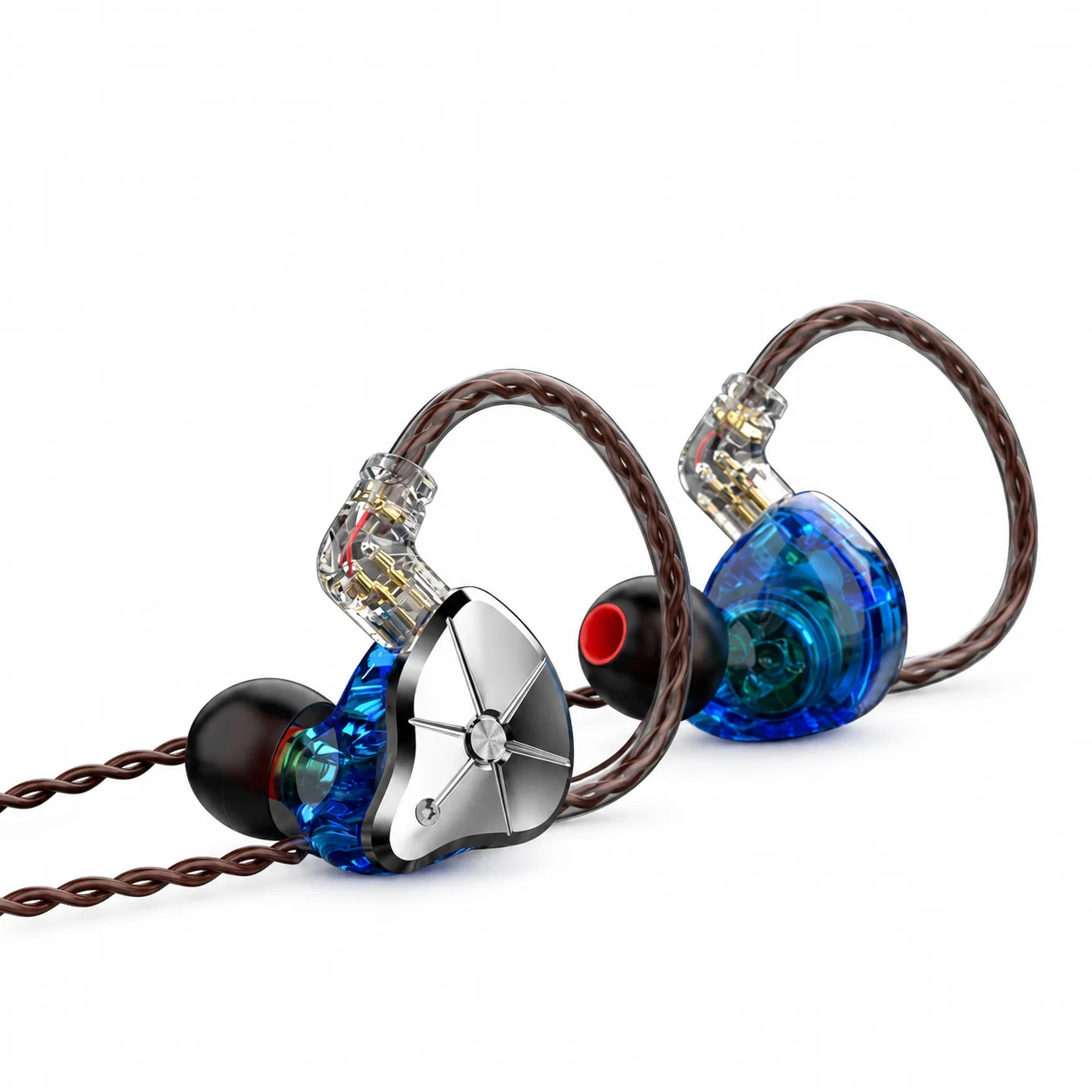 Blue and silver wired earbuds, STM