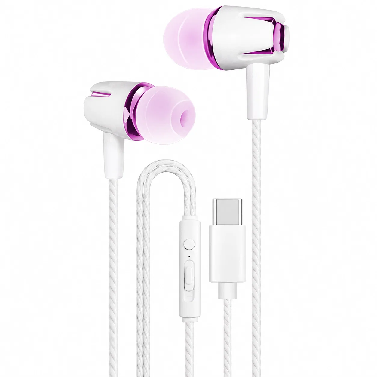 USB-C Wired Earbuds with Inline Controls - White and Magenta