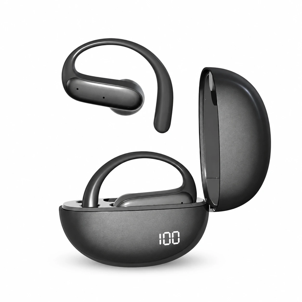 Wireless Ear-Hook Earbuds with Display Case - Black with broad ear hooks and LED battery display case