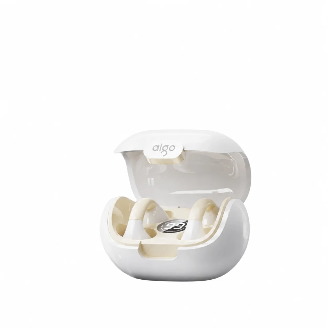 Cream Clip-On Earbuds with Window Lid and Central Display