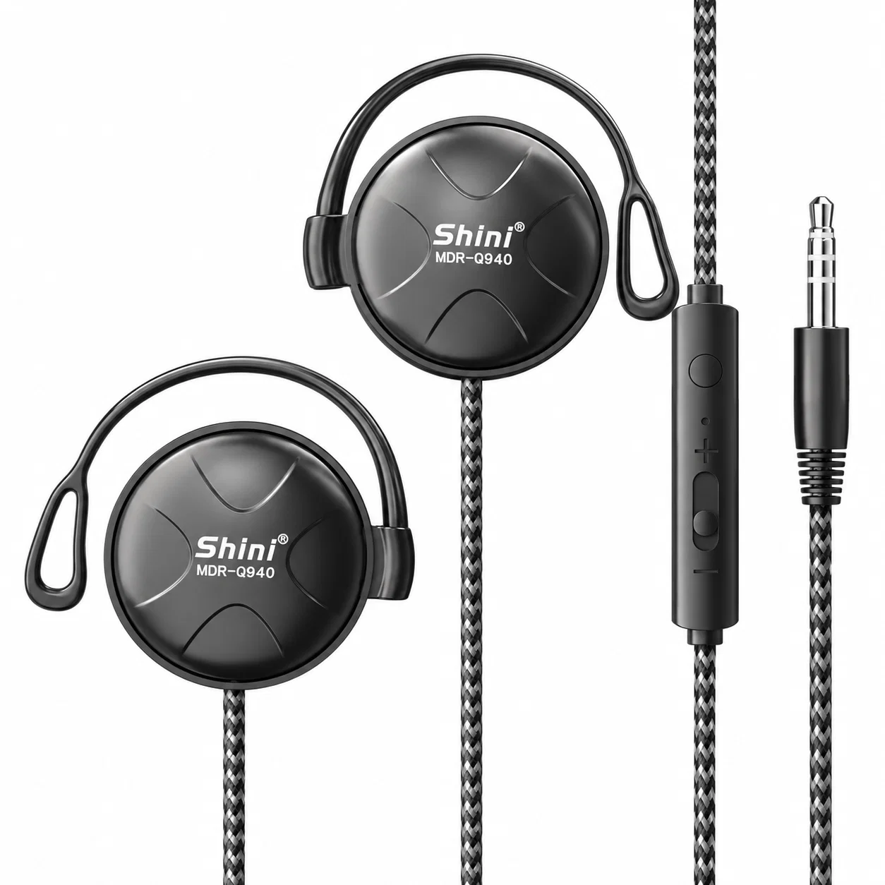 Shini MDR-Q940 Wired Ear-Hook Earphones - Matte Black, 3.5 mm