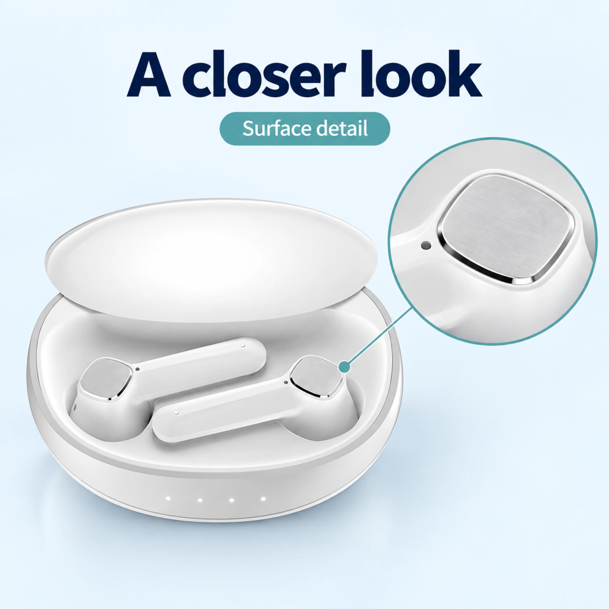 BE62 Wireless Earbuds with Sliding-Lid Case — surface detail