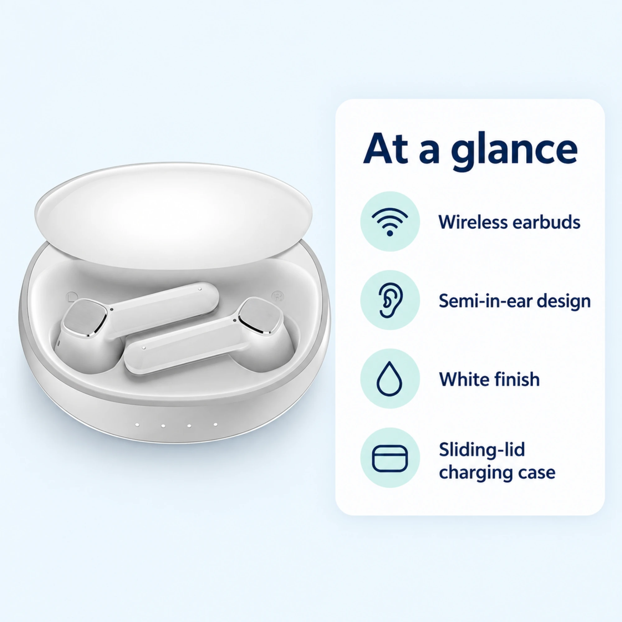 BE62 Wireless Earbuds with Sliding-Lid Case — at a glance